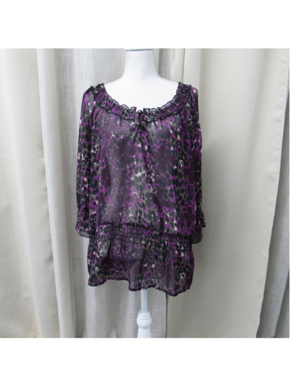 Apostrophe Purple Leopard Print Sheer Blouse Ruffle Neck Smocked Waist Top M